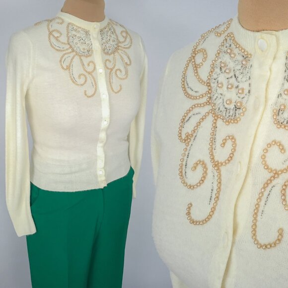 50s Ivory Rockabilly Knit Cardigan Beaded - Picture 1 of 13